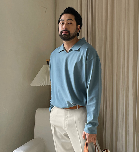 (L~5XL)<BR>모아라사 Open Collar a long-sleeved t-shirt
