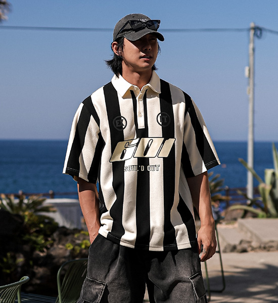 (L-5XL)<br>피번 Stripe short-sleeved collar T-shirt 601