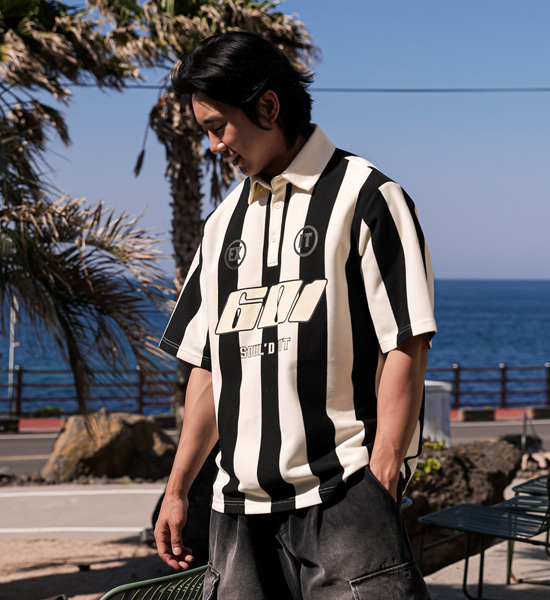 (L-5XL)<br>피번 Stripe short-sleeved collar T-shirt 601