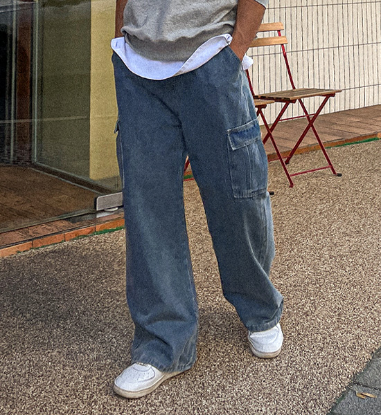 (M-4XL)<BR>로쑤 Semi-wide fit Cargo denim banding pants