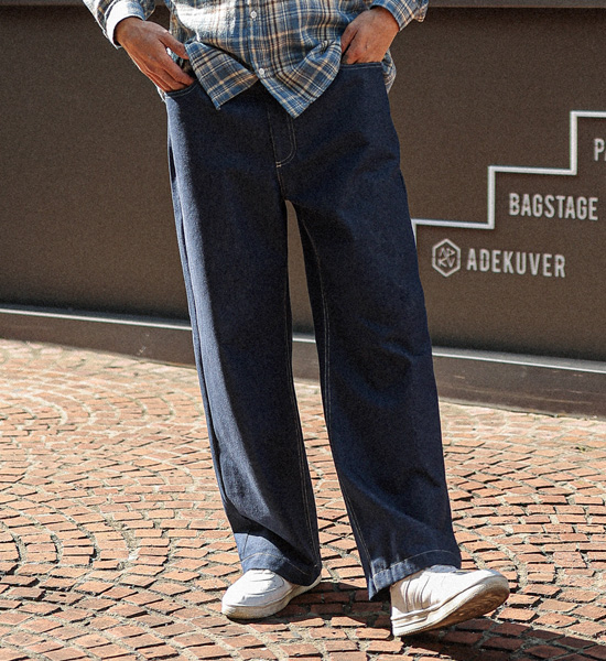 (L-4XL)<BR>바크로 Semi-wide fit Non-faded denim banding pants