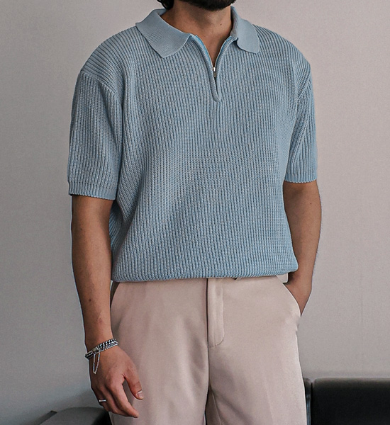 (L-5XL)<BR>니토다 short-sleeved collar knitwear