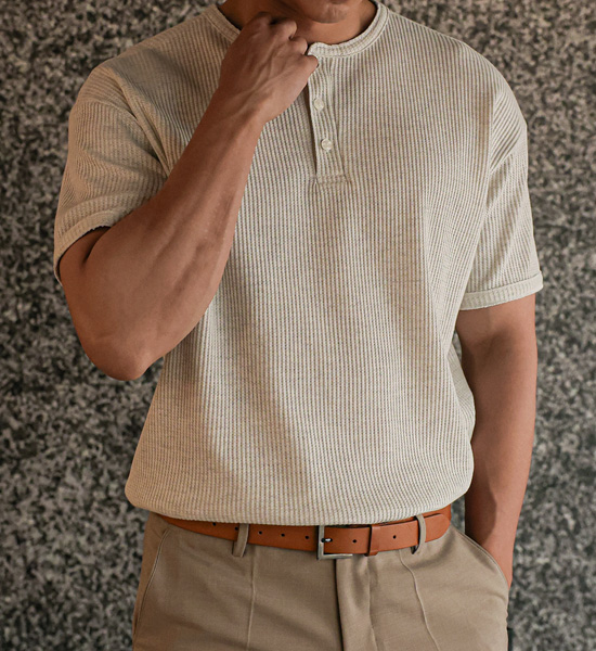(L-5XL)<BR>캄바라 Henley neck Waffle short-sleeved T-shirt
