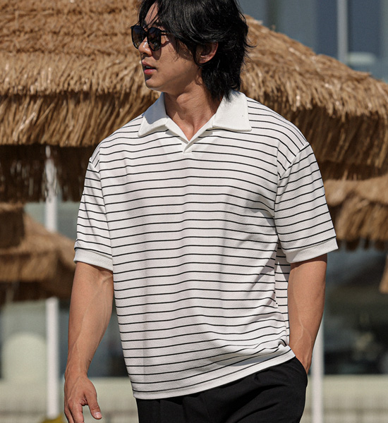 (L-5XL)<BR>아디드 stripe short-sleeved collar T-shirt T12