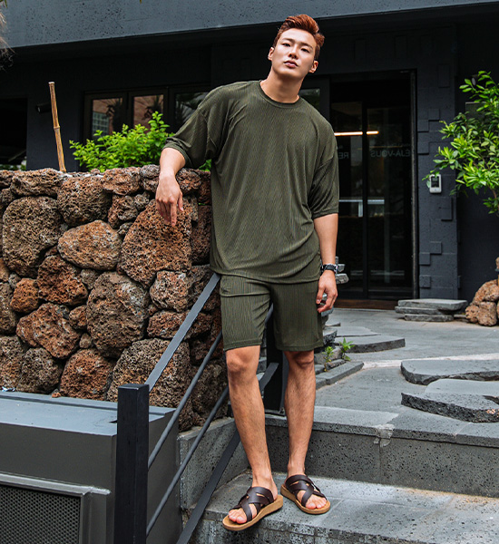 (L-5XL)<BR>베이드 Pleats Short T shirts+리스터 Pleats Banding Shorts