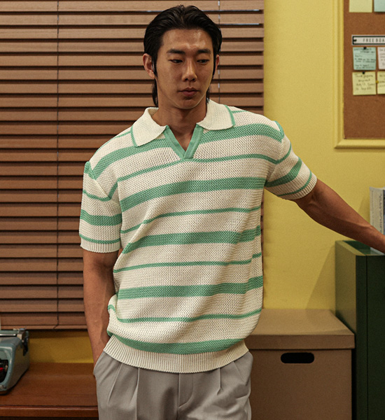 타우키 stripe short-sleeved collar knitwear