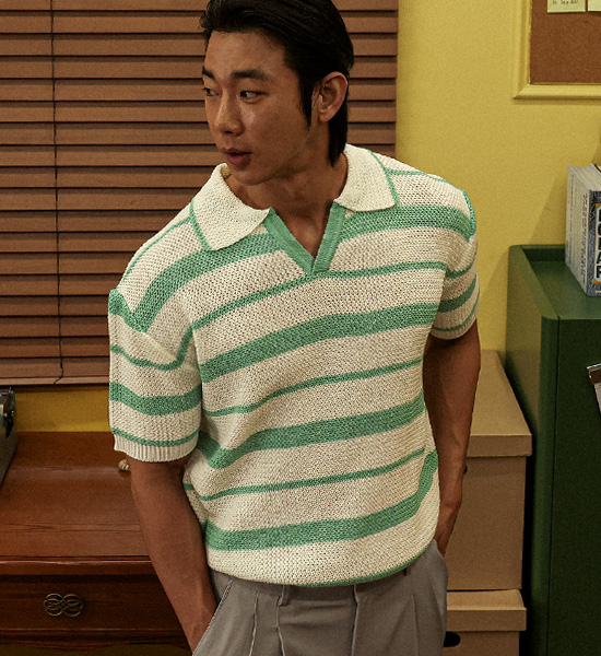 타우키 stripe short-sleeved collar knitwear