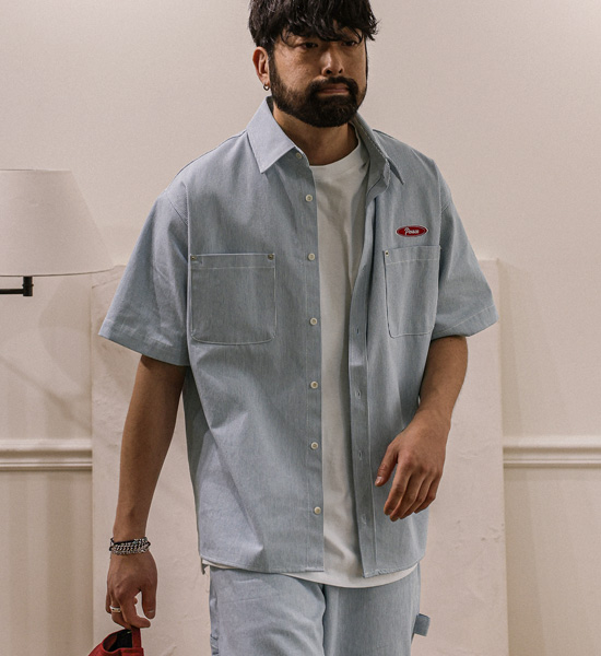코로겐 Stripe denim short-sleeved shirt+비첸 Semi-wide fit Back banding denim pants