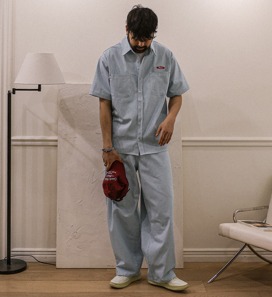 코로겐 Stripe denim short-sleeved shirt+비첸 Semi-wide fit Back banding denim pants