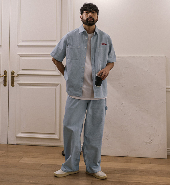 코로겐 Stripe denim short-sleeved shirt+비첸 Semi-wide fit Back banding denim pants
