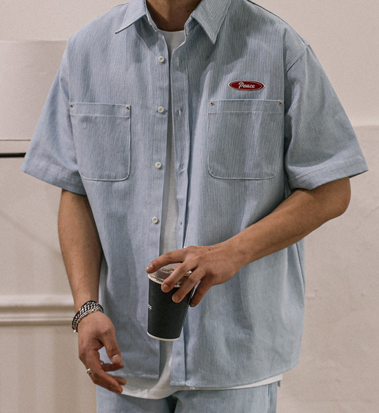 코로겐 Stripe denim short-sleeved shirt+비첸 Semi-wide fit Back banding denim pants
