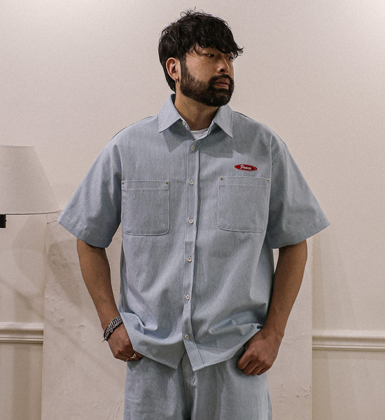 코로겐 Stripe denim short-sleeved shirt