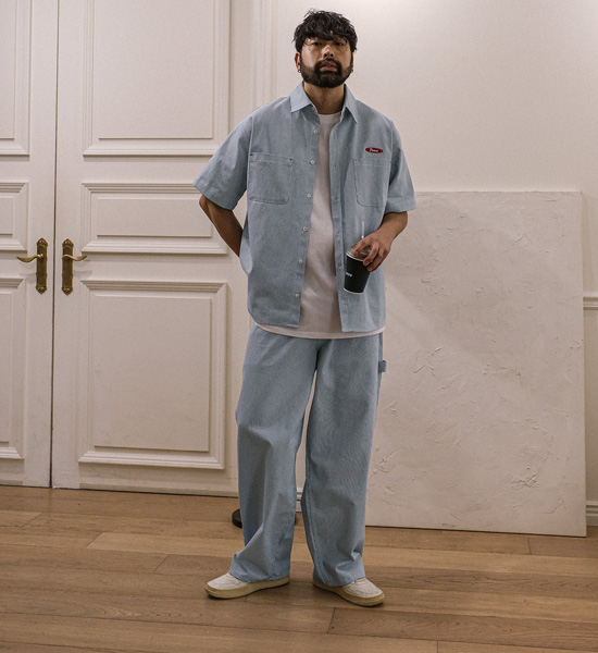 코로겐 Stripe denim short-sleeved shirt