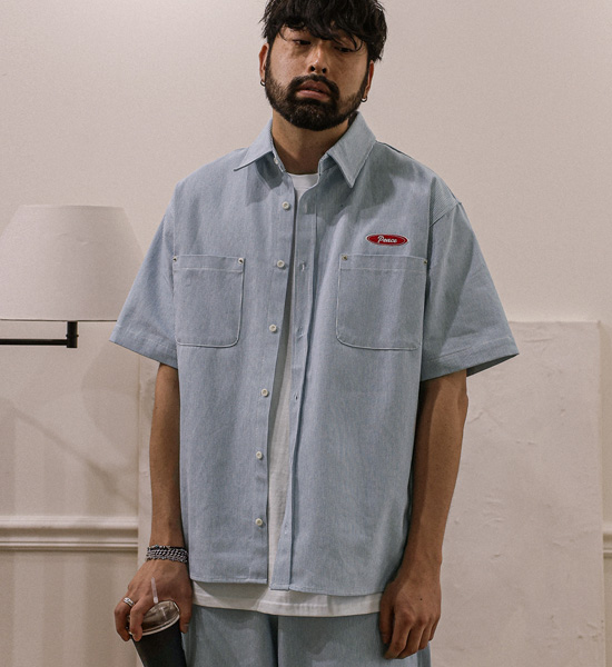코로겐 Stripe denim short-sleeved shirt