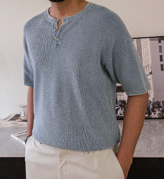 벤틸 pigment Henley neck short-sleeved knitwear
