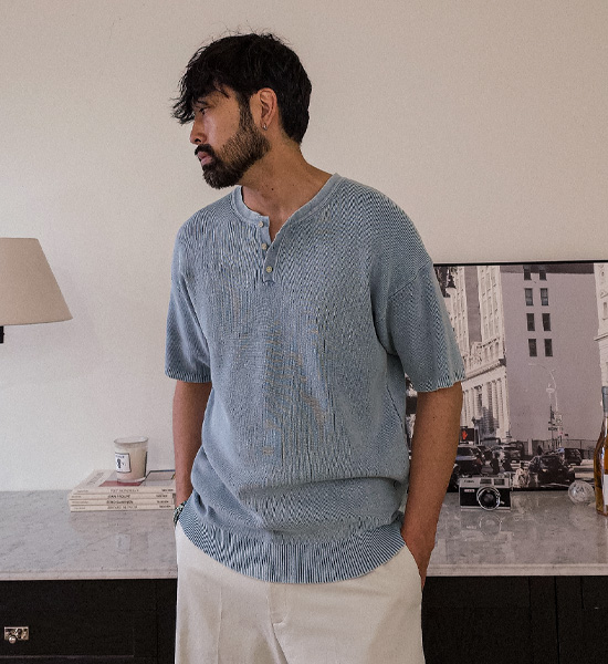 벤틸 pigment Henley neck short-sleeved knitwear