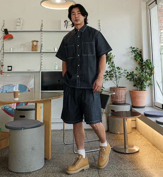 (XL-6XL)<BR>카이토 Linen Non-wash jeans short-sleeved shirt+라리야 Linen Non-wash jeans Banding Shorts