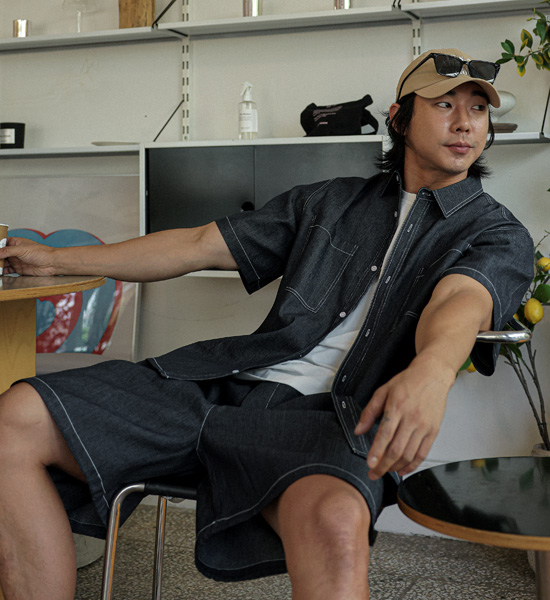 (XL-6XL)<BR>카이토 Linen Non-wash jeans short-sleeved shirt+라리야 Linen Non-wash jeans Banding Shorts