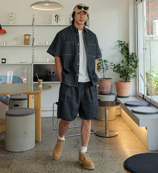 (XL-6XL)<BR>카이토 Linen Non-wash jeans short-sleeved shirt+라리야 Linen Non-wash jeans Banding Shorts