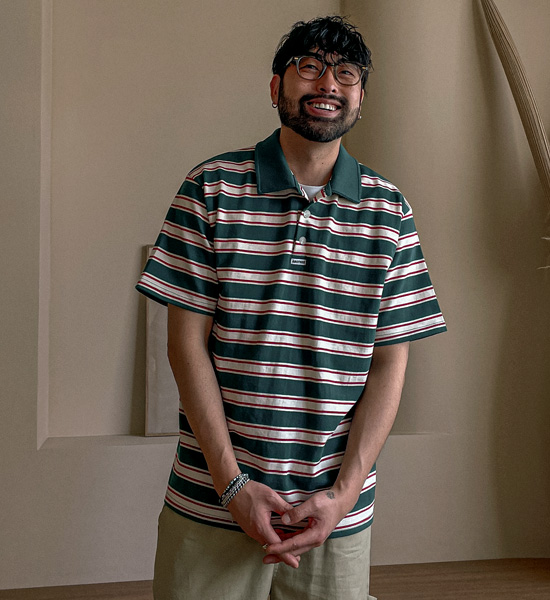 (L-5XL)<BR>퍼디타 stripe short-sleeved collar T-shirt