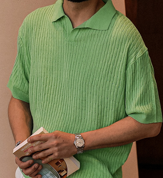(L-5XL)<BR>마가니 Open Collar short-sleeved knitwear