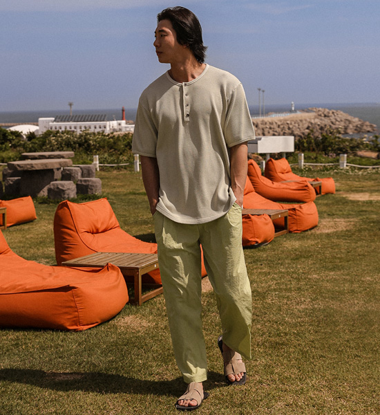 마이푸 pigment Henley neck short-sleeved T-shirt