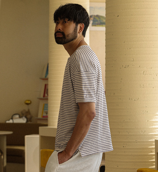 라반다 Stripe Henley neck short-sleeved T-shirt