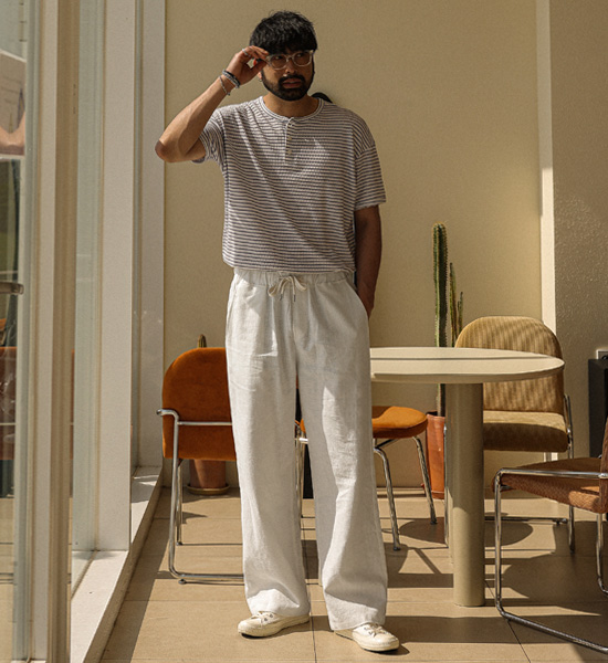 라반다 Stripe Henley neck short-sleeved T-shirt