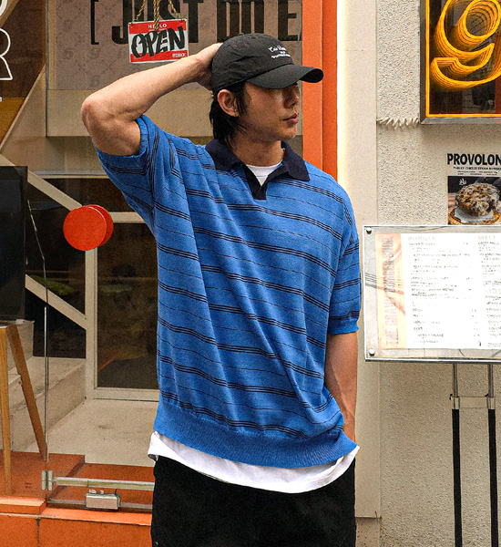 (XL-5XL)<br>로토루아 stripe short-sleeved collar knitwear