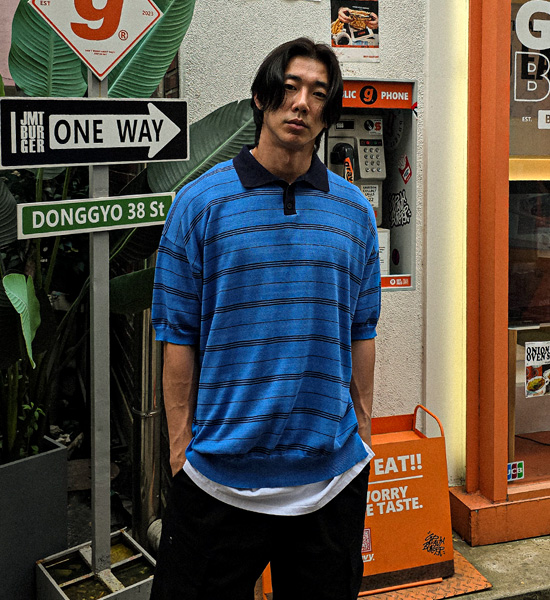 (XL-5XL)<br>로토루아 stripe short-sleeved collar knitwear