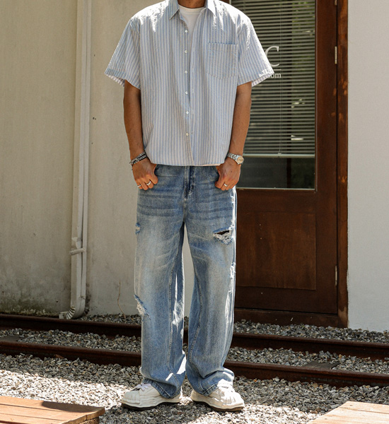 마티유 Stripe short-sleeved shirt