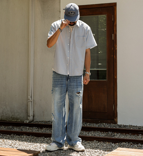 마티유 Stripe short-sleeved shirt