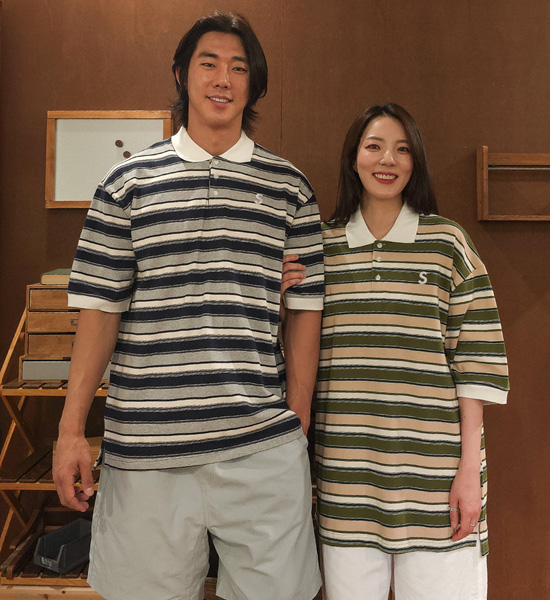 바트할 stripe short-sleeved collar T-shirt
