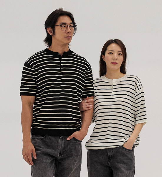 토마이 stripe Henley neck short-sleeved knitwear