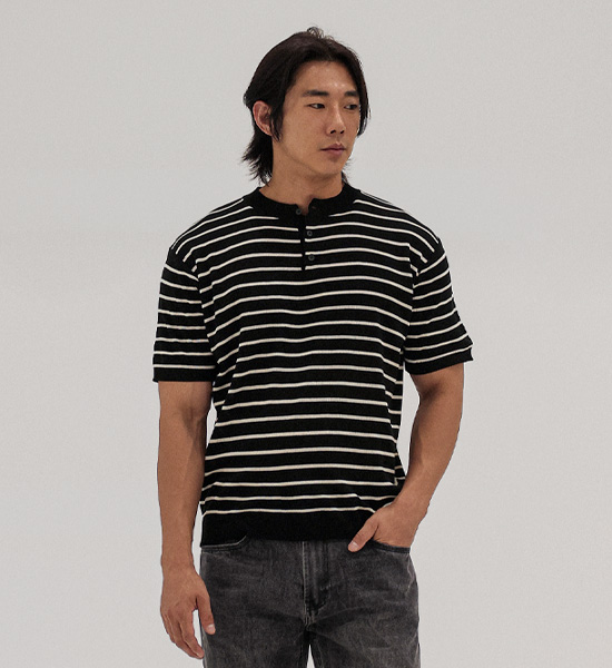 토마이 stripe Henley neck short-sleeved knitwear