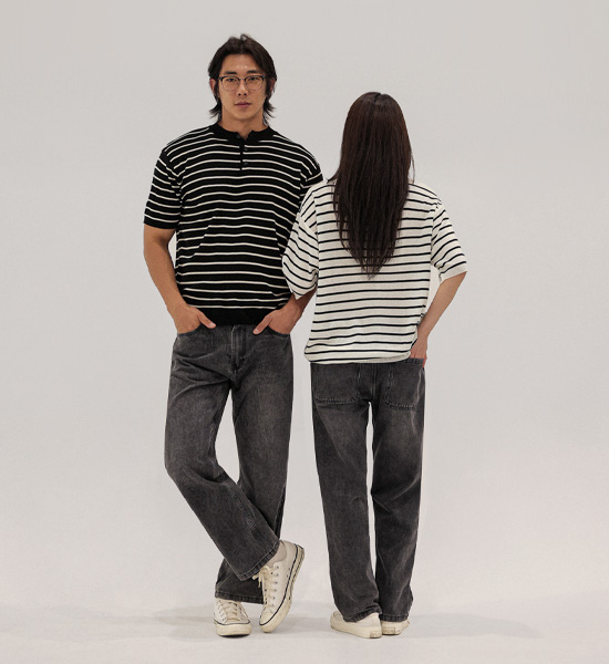 토마이 stripe Henley neck short-sleeved knitwear