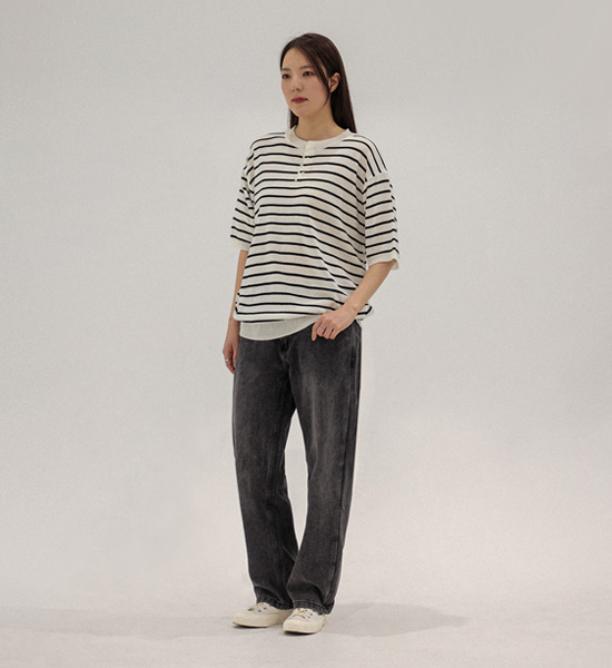 토마이 stripe Henley neck short-sleeved knitwear