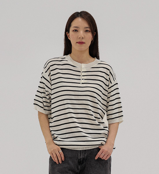 토마이 stripe Henley neck short-sleeved knitwear