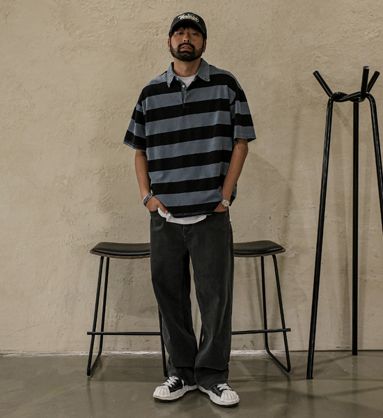 알파타르 stripe short-sleeved collar T-shirt