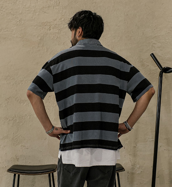 알파타르 stripe short-sleeved collar T-shirt