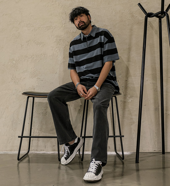 알파타르 stripe short-sleeved collar T-shirt