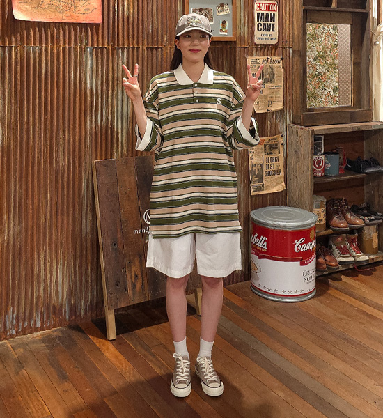 (L-5XL)<BR>바트할 stripe short-sleeved collar T-shirt