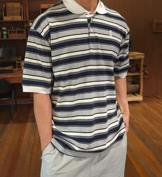 (L-5XL)<BR>바트할 stripe short-sleeved collar T-shirt