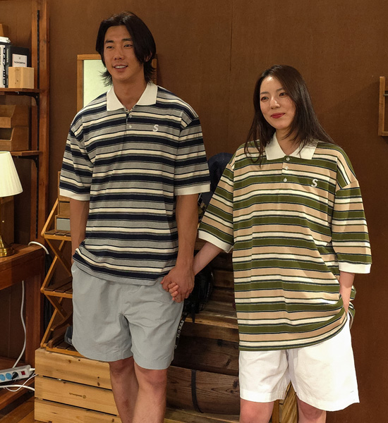 (L-5XL)<BR>바트할 stripe short-sleeved collar T-shirt
