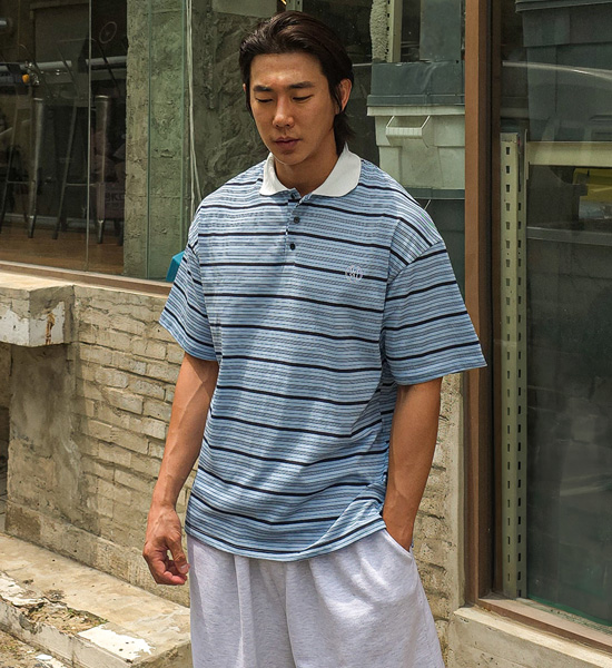 크로모크 Stripe short-sleeved collar T-shirt