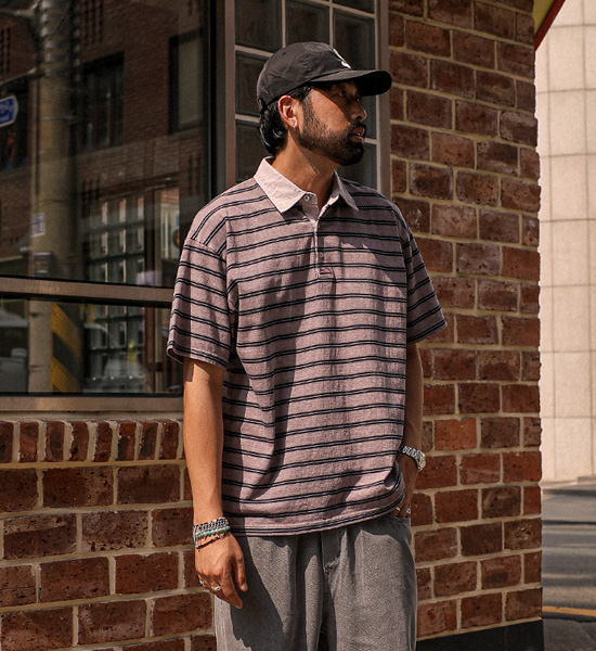 프라베츠 pigment stripe short-sleeved collar T-shirt