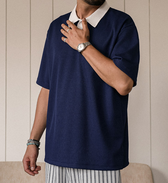 (L-4XL)<br>로센 Waffle short-sleeved collar T-shirt