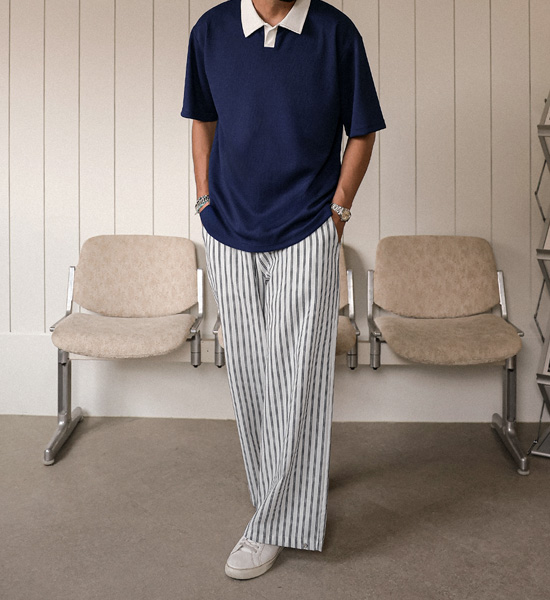 나르피오 Stripe wide fit linen banding pants