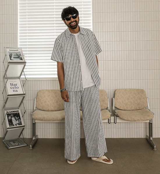 나르피오 Stripe wide fit linen banding pants