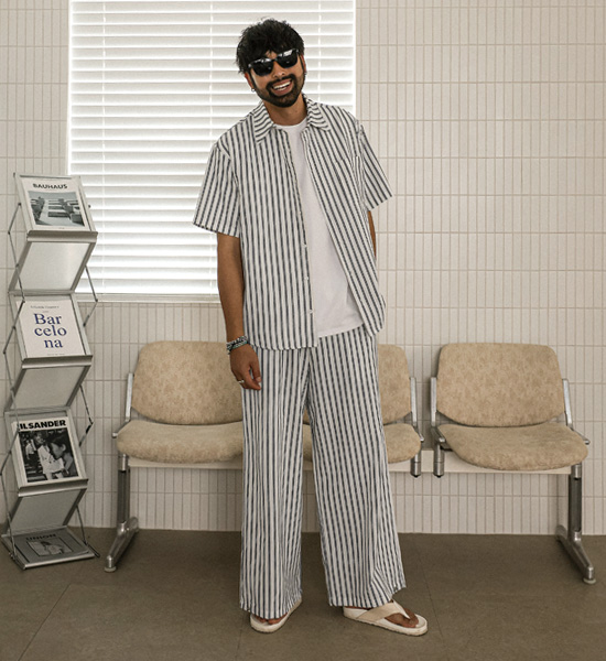로비사 Stripe a linen shirt+나르피오 Stripe wide fit linen banding pants